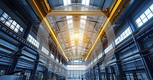 The Indoor Installation of a Steel Roof Truss, Under the Vast Blue Sky at a Construction Factory