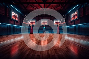 indoor interior corridor empty stadium hall neon arena basketball game professional background. Generative AI.