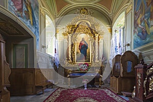 Indoor interior. In Old Church preserved interior decoration and wall-painting of the renaissance in Goshev, Ukraine. Monument of