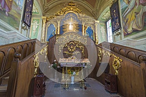 Indoor interior. In Old Church preserved interior decoration and wall-painting of the renaissance in Goshev, Ukraine. Monument of