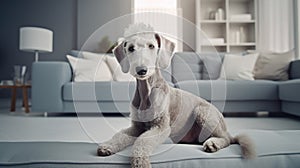 Indoor living meets canine charm: Bedlington Terrier's love for modern apartment life.