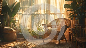 indoor natural light, soft sunlight shining through sheer curtains illuminates the rattan furniture and indoor plants