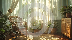 indoor nature decor, soft sunlight shines through sheer curtains, illuminating the rattan furniture and potted plants
