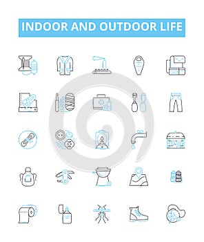 Indoor and outdoor life vector line icons set. Indoors, Outdoors, Habitat, Lifestyle, Dwelling, Recreation, Environment