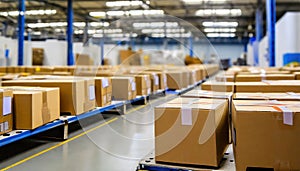 Indoor packing stations in fulfillment center. Generated with AI