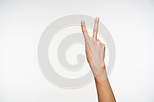 Indoor photo of young well-groomed woman`s hand being raised while forming with fingers victory or peace gesture, isolated agains
