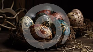 Indoor photography of traditionally painted Easter eggs