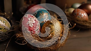 Indoor photography of traditionally painted Easter eggs