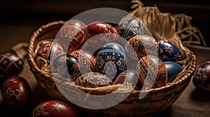 Indoor photography of traditionally painted Easter eggs