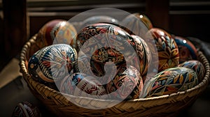 Indoor photography of traditionally painted Easter eggs