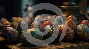 Indoor photography of traditionally painted Easter eggs