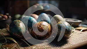 Indoor photography of traditionally painted Easter eggs