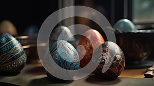 Indoor photography of traditionally painted Easter eggs