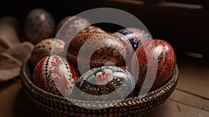 Indoor photography of traditionally painted Easter eggs