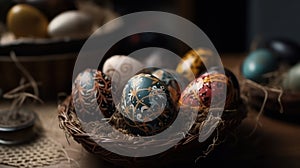 Indoor photography of traditionally painted Easter eggs in a nest