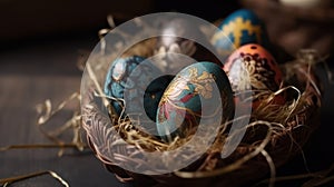 Indoor photography of traditionally painted Easter eggs in a nest