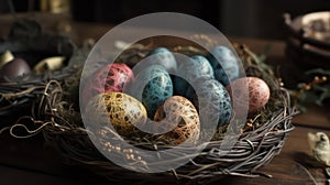 Indoor photography of traditionally painted Easter eggs in a nest