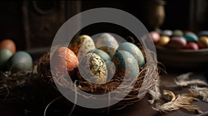 Indoor photography of traditionally painted Easter eggs in a nest