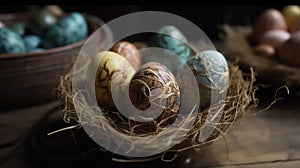 Indoor photography of traditionally painted Easter eggs on a table