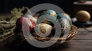 Indoor photography of traditionally painted Easter eggs on a table