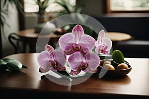 Indoor pink flower Orchid in a beautiful glass vase on a wooden table. Floral detail in interior design