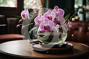 Indoor pink flower Orchid in a beautiful glass vase on a wooden table. Floral detail in interior design