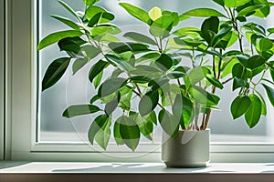 Indoor plant with green leaves in a white pot on the windowsill. Home hobby concept, interior landscaping