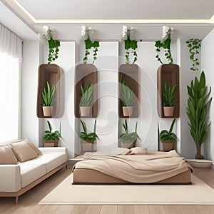 Indoor plant pots arrangement on wall : Cascading exotic house plants and simple interior design of a green wall for a bed room