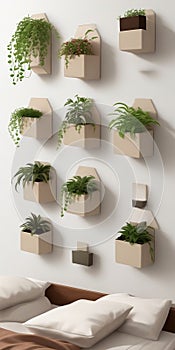 Indoor plant pots arrangement on wall : Cascading exotic house plants and simple interior design of a green wall for a bed room