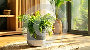 Indoor plant in a two-tone pot on a jute rug. Home decor and interior design concept