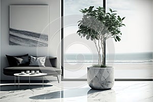Indoor plant on white floor with empty concrete wall background, Lounge and coffee table near glass window in sea view living room