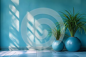 Indoor plants in blue vases on the floor near the wall. background for product photography. Generative AI