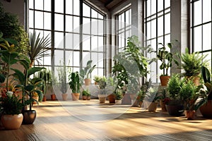 Indoor plants in a large bright room. Generative AI technology