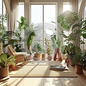 Indoor plants in a large bright room. Generative AI technology