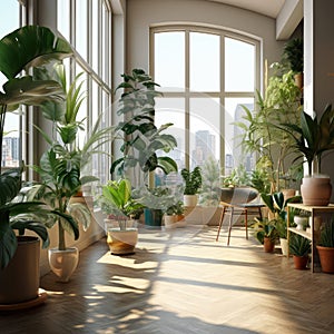 Indoor plants in a large bright room. Generative AI technology