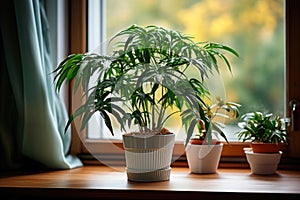 Indoor plants in a white pot on a wooden windowsill in the house