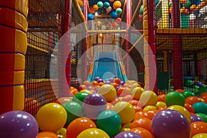 An indoor play area filled with colorful balls and featuring a slide for children to enjoy, An indoor playground filled with soft