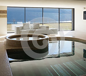 Indoor pool of private villa with lake view and bar area