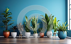 The indoor potted plants decoration in modern room with a wooden floor and blue wall