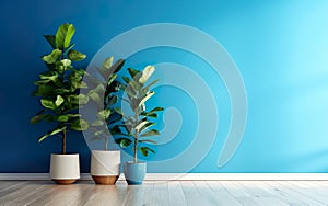 The indoor potted plants decoration in modern room with a wooden floor and blue wall