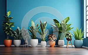 The indoor potted plants decoration in modern room with a wooden floor and blue wall