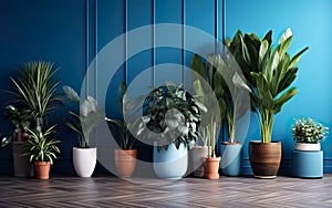 The indoor potted plants decoration in modern room with a wooden floor and blue wall