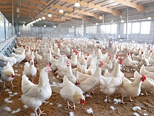 Indoor Poultry Farm with White Chickens