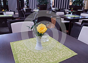 Indoor restaurant tables and chairs with flower decoration