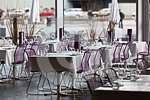 Indoor restaurant tables ready for service