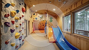 An indoor rock climbing wall and a builtin slide offer an exhilarating experience in this interactive home photo