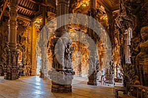 The Sanctuary of Truth wooden temple in Pattaya Thailand, sculpture of Sanctuary of Truth temple