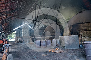 indoor scene of the igloo-shaped or kiln factory shed.