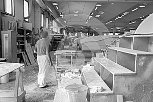 Indoor shipyard of speed boats in construction