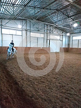Indoor shot woman jockey training in riding hall